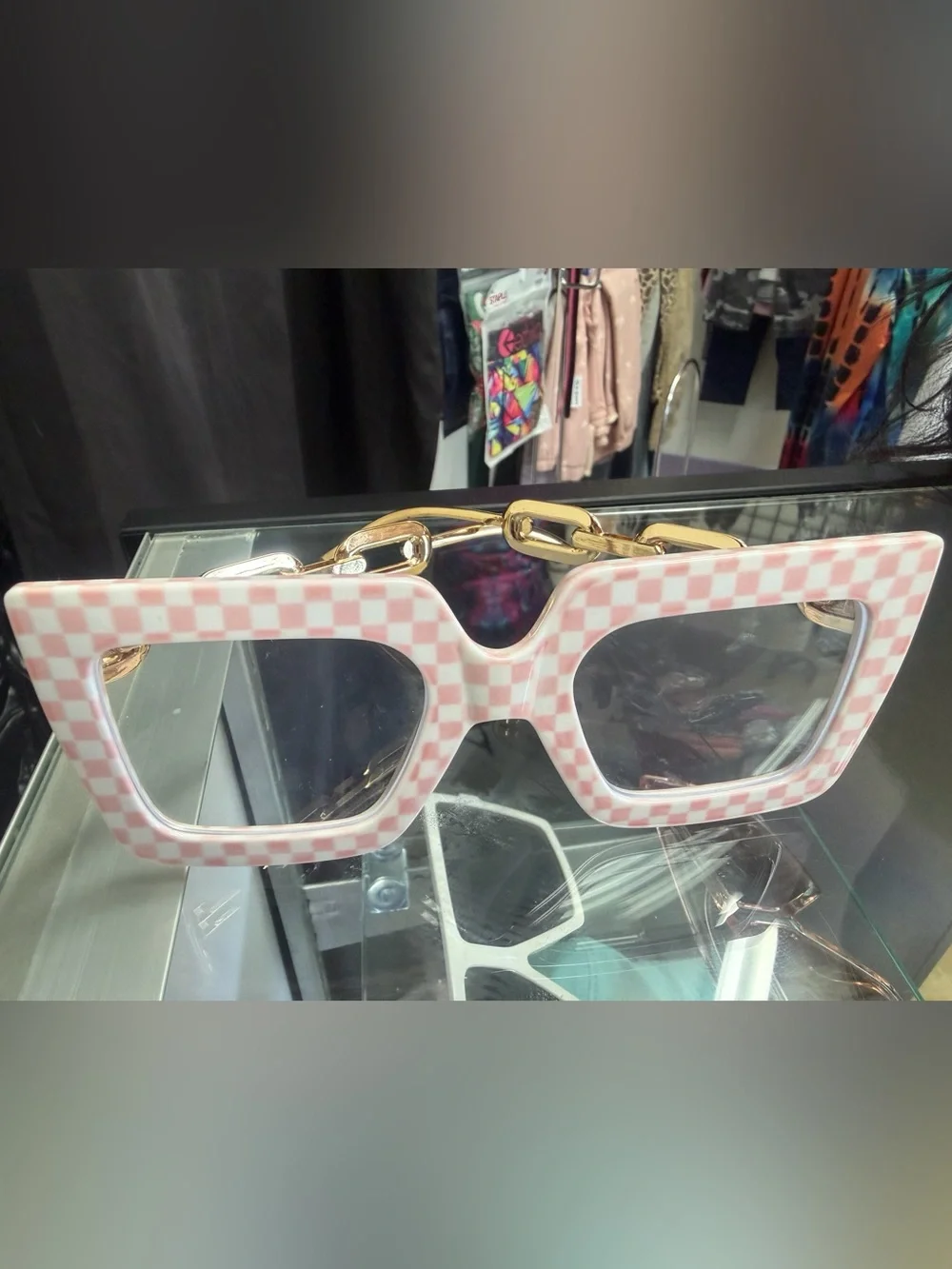 Pink Checkboard Chain-Trim Rectangle Sunglasses